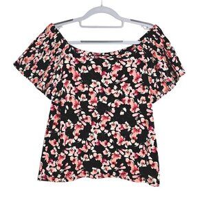WHITE HOUSE BLACK MARKET Top Shirt BLACK w PINK Floral size XS Chic Off Shoulder